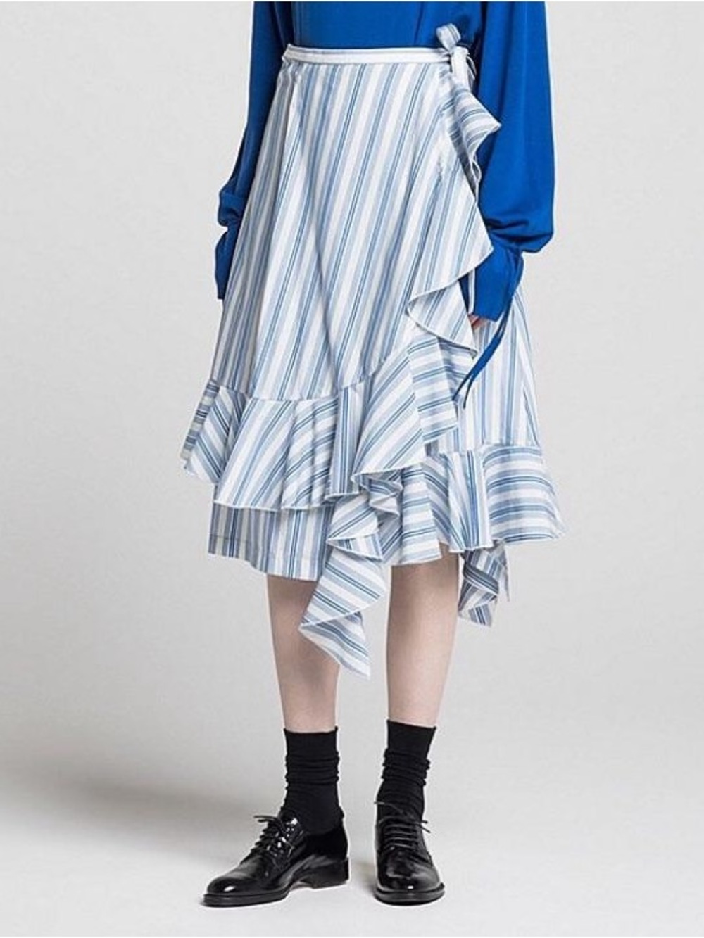 J.W. Anderson x Uniqlo Extra Fine Cotton Blue Ruffle Wrap Striped Midi Skirt M